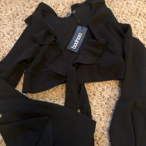 Sexy black crop top bell sleeves tie front